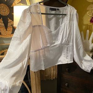 NY&Co silky bodice blouse empire waist bell balloon sleeves XL